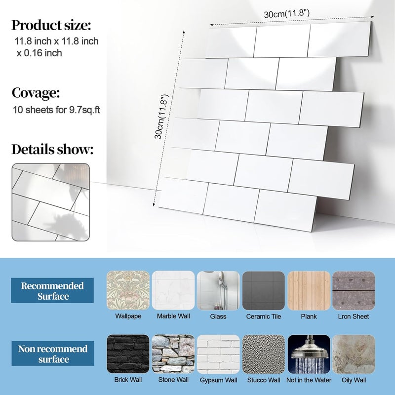 Reovatile 5-Pack Peel and Stick Tile Backsplash 11.8"X11.8" PVC Wall Tiles, Stick on Backsplash for Kitchen, Bathroom Tile, Fireplace Décor, Laundry Table, Stair Decals in Polished Marble White - Image 3